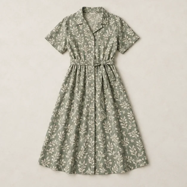 Vestido camisero midi de tejido de calada con estampado botánico verde salvia, concepto de diseño con IA
