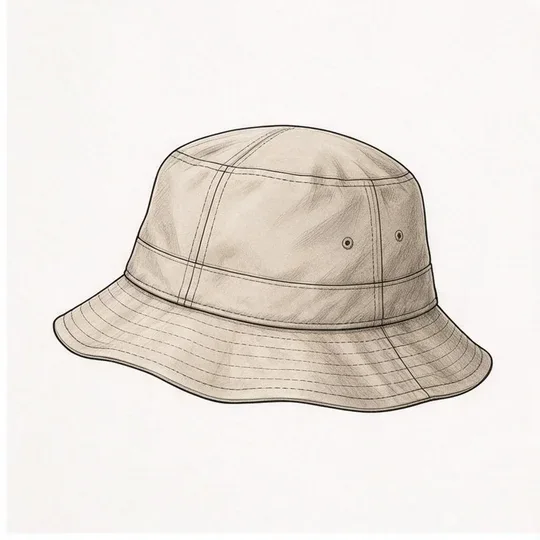 Sand-colored bucket hat with an all-around brim, AI design concept