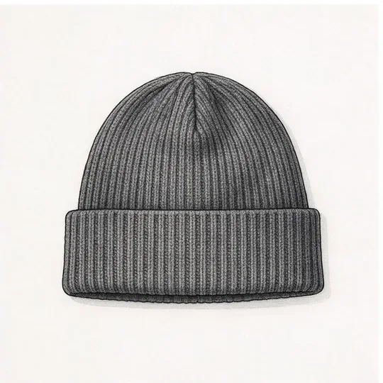 Charcoal rib-knit beanie with a turned-up cuff, AI design concept