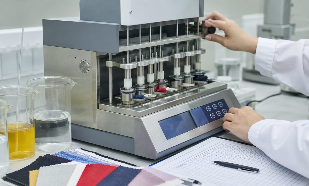 Textile testing laboratory: colorfastness testing instrument with fabric swatches