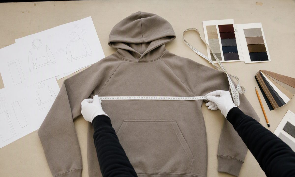 Pre-production approval: measuring a sample hoodie against the tech pack