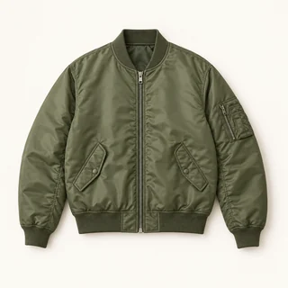 Olive bomber jacket with a zip front, ribbed collar and cuffs, flap pockets and a sleeve zip pocket.