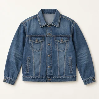 Blue denim jacket with a point collar, button front, chest flap pockets and contrast stitching.