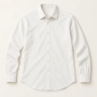 White long-sleeve dress shirt with a point collar, button front, button cuffs and curved hem.