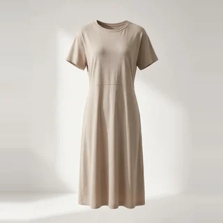 Beige short-sleeve dress with a crew neckline and waist seam.