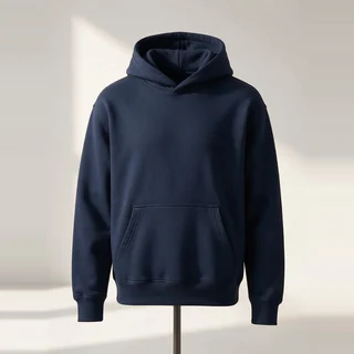 Navy pullover hoodie with a kangaroo pocket and ribbed cuffs.