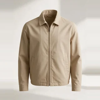 Sand-coloured zip jacket with a point collar and two front pockets.