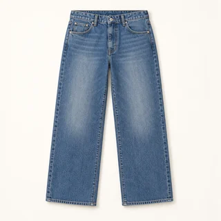 Blue jeans with relaxed straight legs, belt loops, front pockets and contrast stitching.