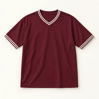 Burgundy short-sleeve mesh jersey with a V-neck and cream stripes on the collar and sleeve cuffs.