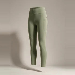 Sage green high-waisted leggings with curved seam lines.