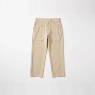 Beige straight-leg trousers with slanted front pockets.