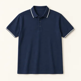 Navy short-sleeve polo shirt with a three-button placket and white tipping on the collar and cuffs.