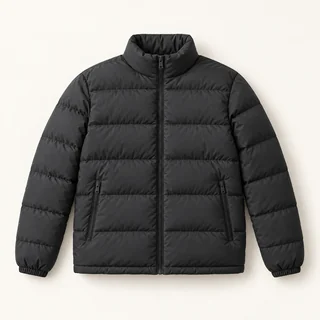 Black puffer jacket with horizontal quilting, a stand collar, zip front and zipped side pockets.