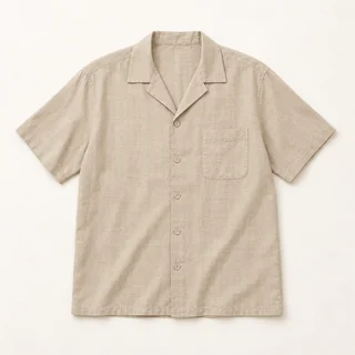 Beige short-sleeve casual shirt with a camp collar, button front and chest patch pocket.