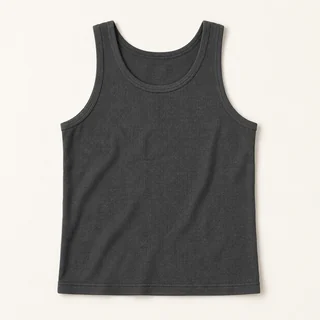 Charcoal ribbed tank top with a scoop neckline, bound armholes and a straight hem.