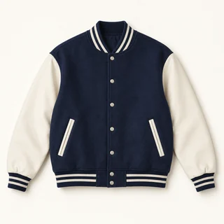 Navy varsity jacket with cream sleeves, a snap front and striped ribbed collar, cuffs and hem.
