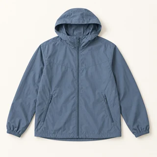 Slate blue hooded windbreaker with a zip front, zipped pockets and elasticated cuffs.