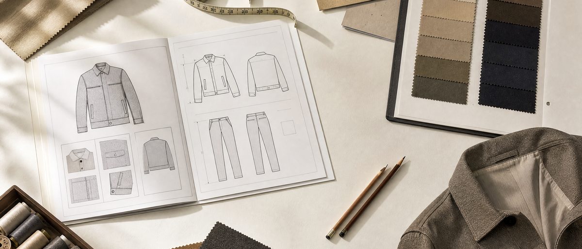 Apparel design workspace with tech pack documents, fabric swatch book and garment sample