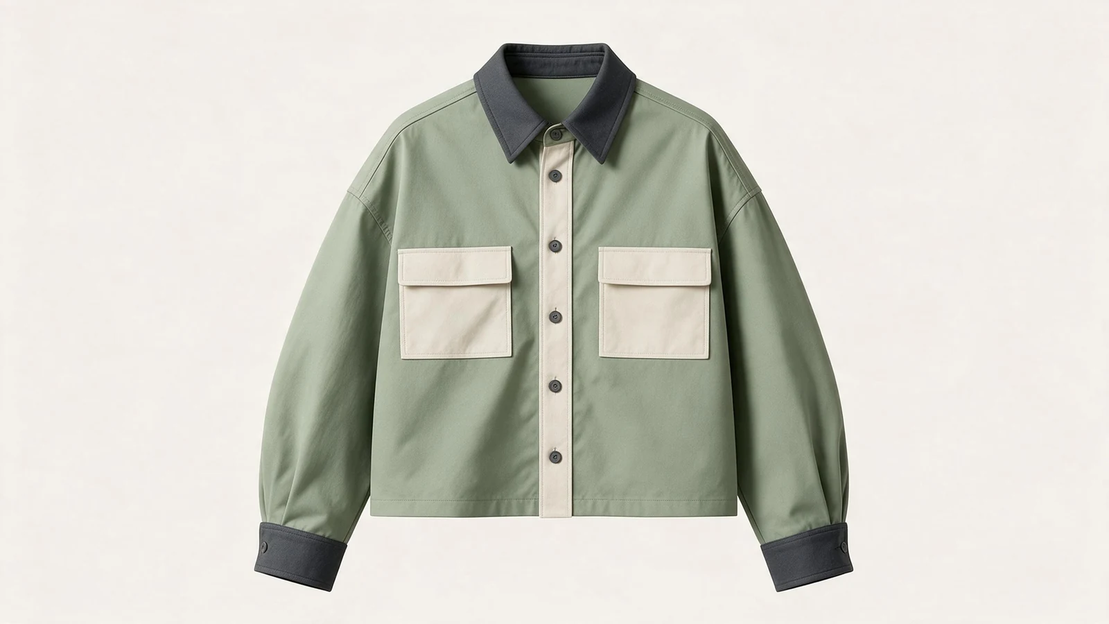 Front visualisation of a sage boxy overshirt with a charcoal collar and cuffs, cream flap pockets and a button placket.