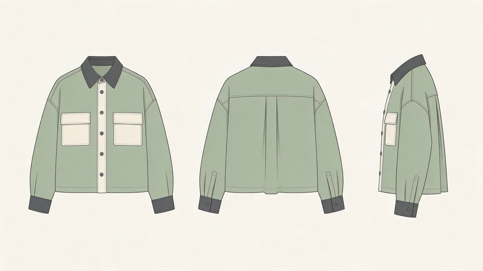 Front, back and side drawings of a sage overshirt with charcoal collar and cuffs, cream flap pockets and a back box pleat.