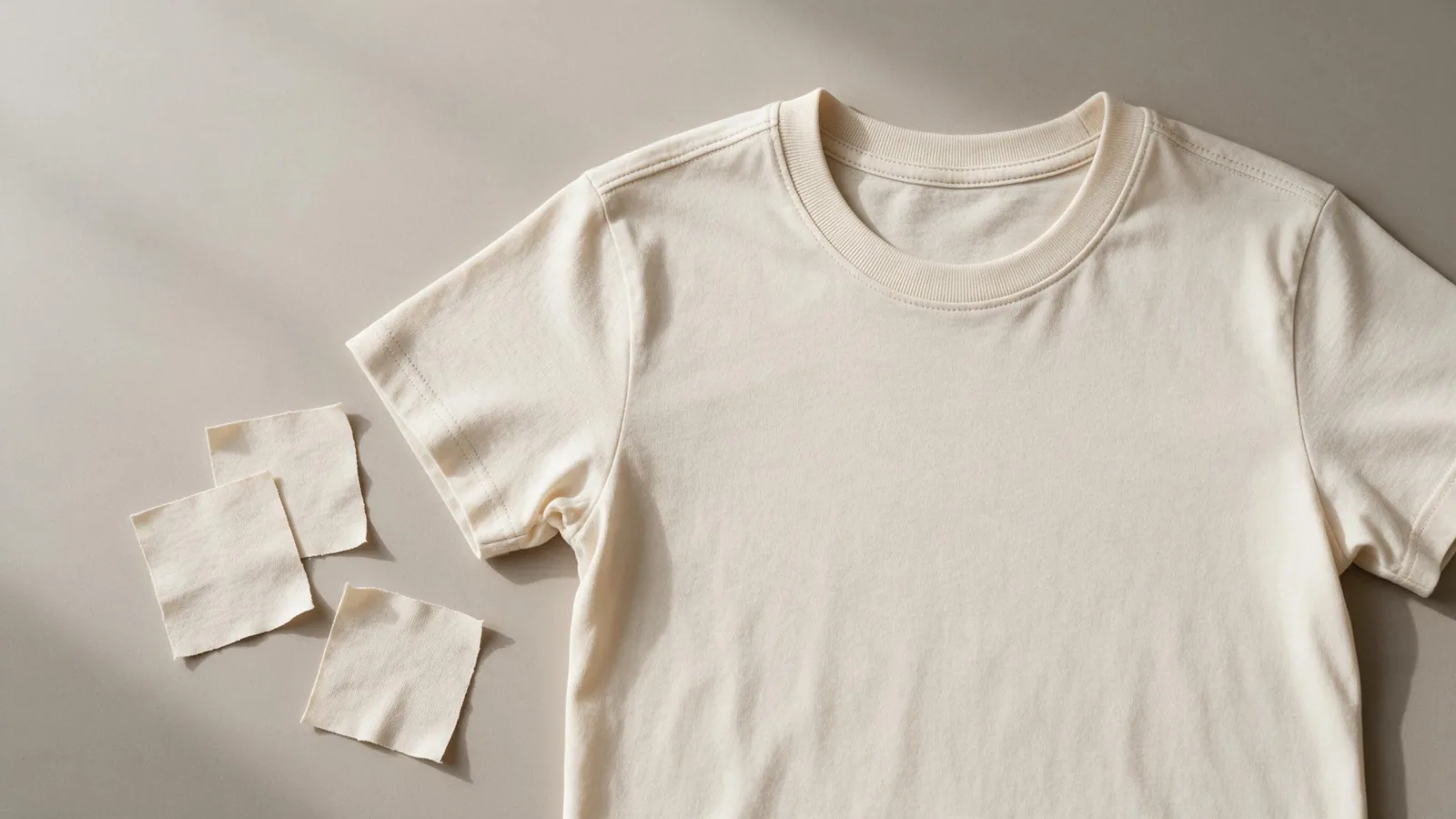 Flat lay of a neutral crewneck T-shirt with the ribbed collar and shoulder area visible.