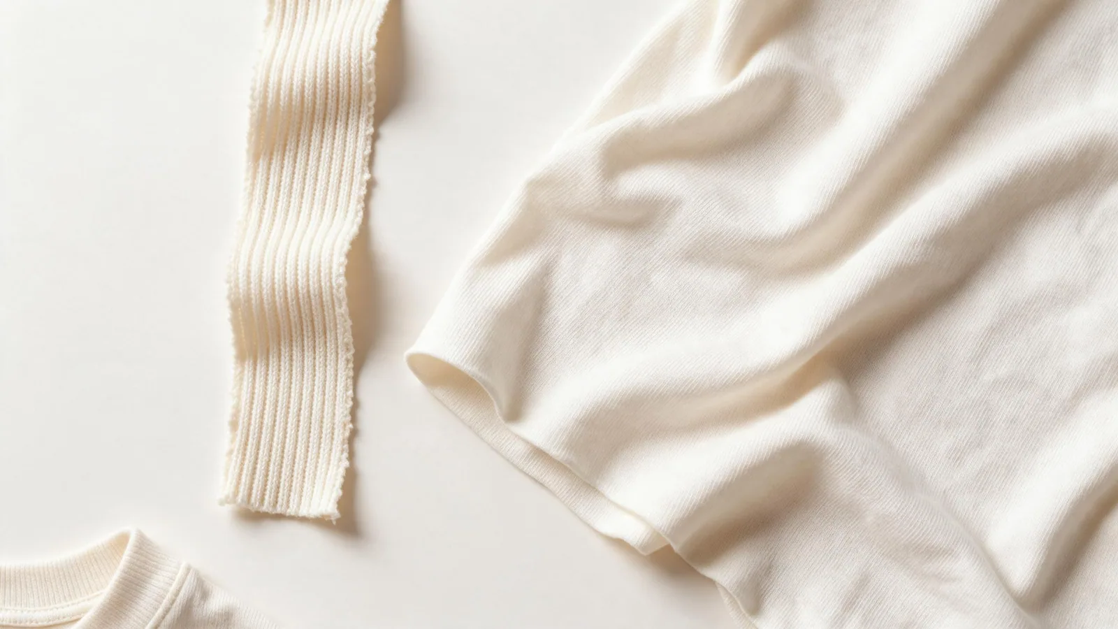 Close-up of rib knit and jersey swatches arranged beside a T-shirt neckline.