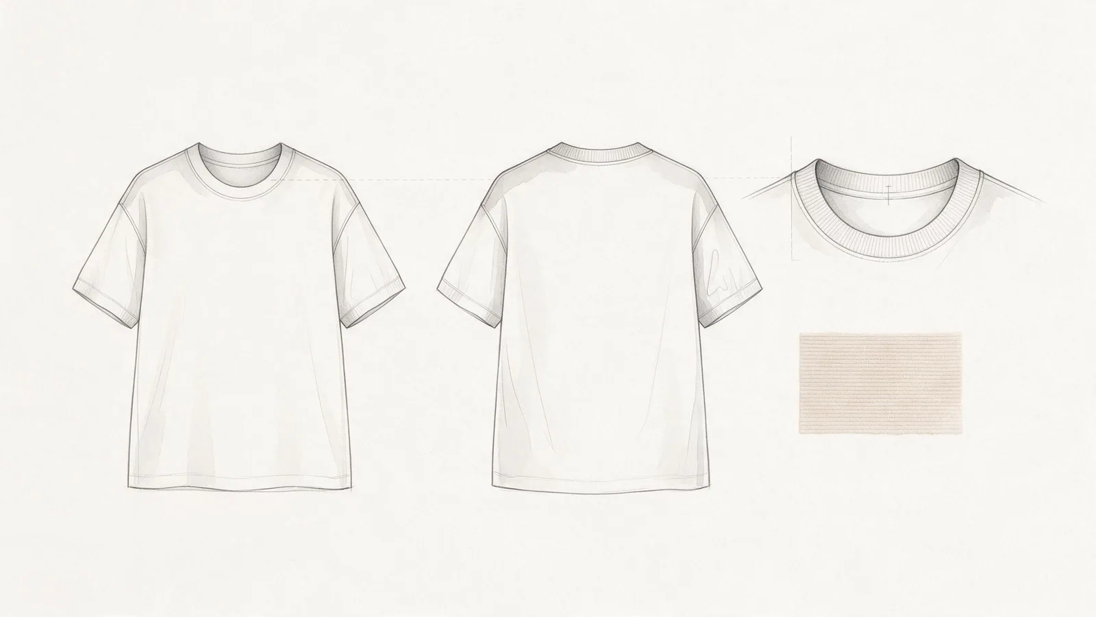 Front and back T-shirt flat sketches with an enlarged crewneck detail and rib swatch.
