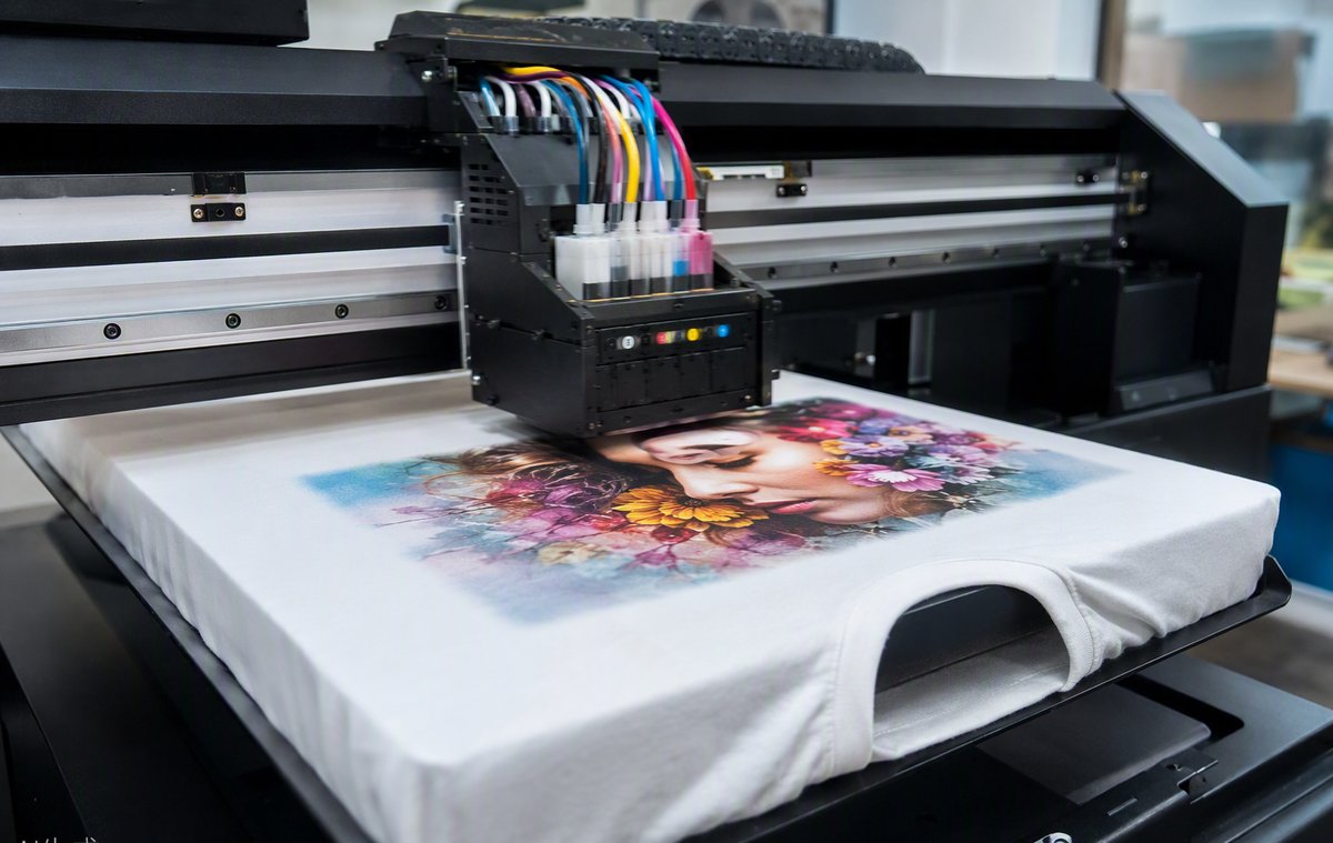DTG printer jetting full-colour artwork onto a t-shirt