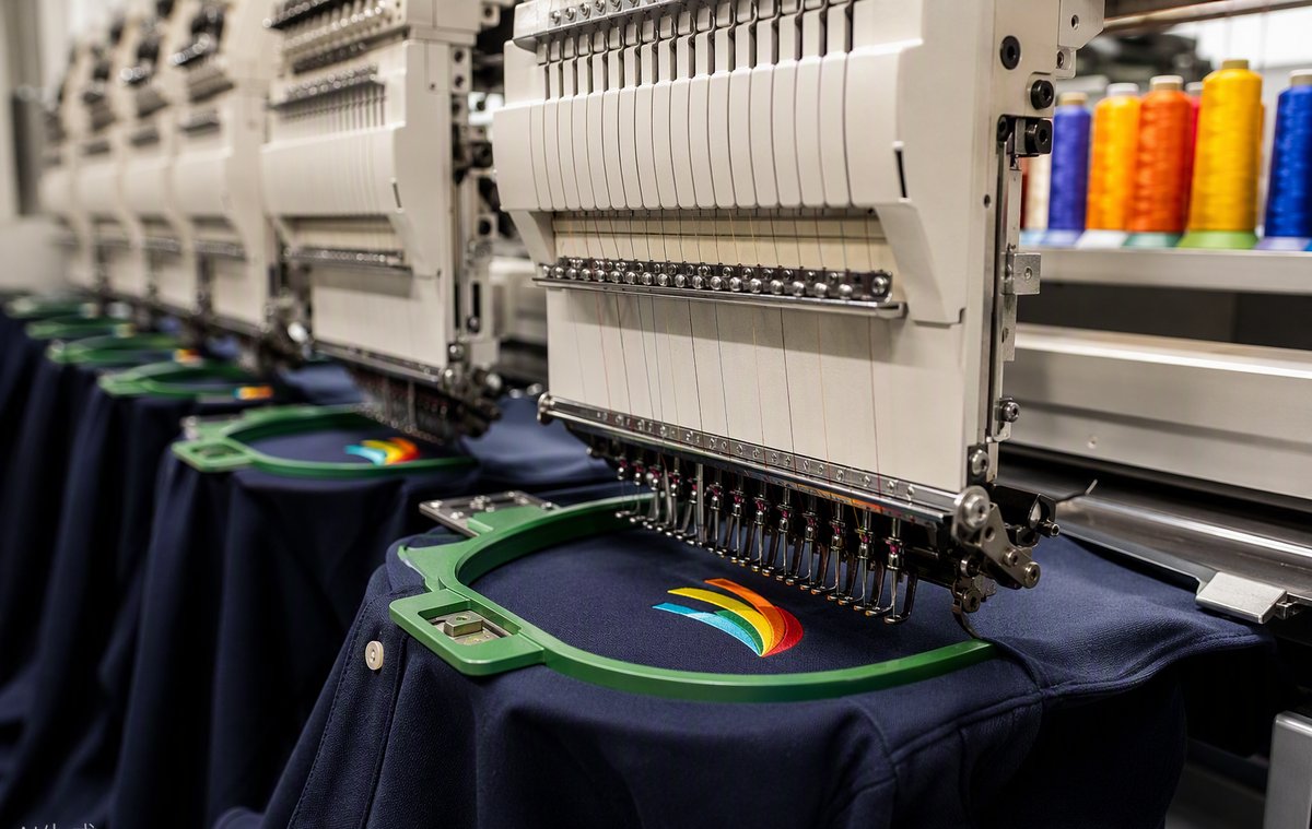 Embroidery machine stitching a logo onto a garment