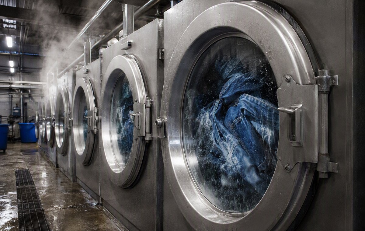 Industrial washing machine processing garments with enzyme wash