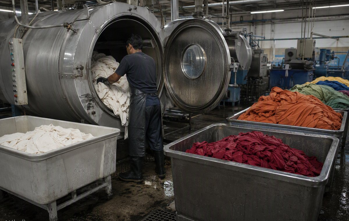 Finished garments being dyed in an industrial dyeing machine
