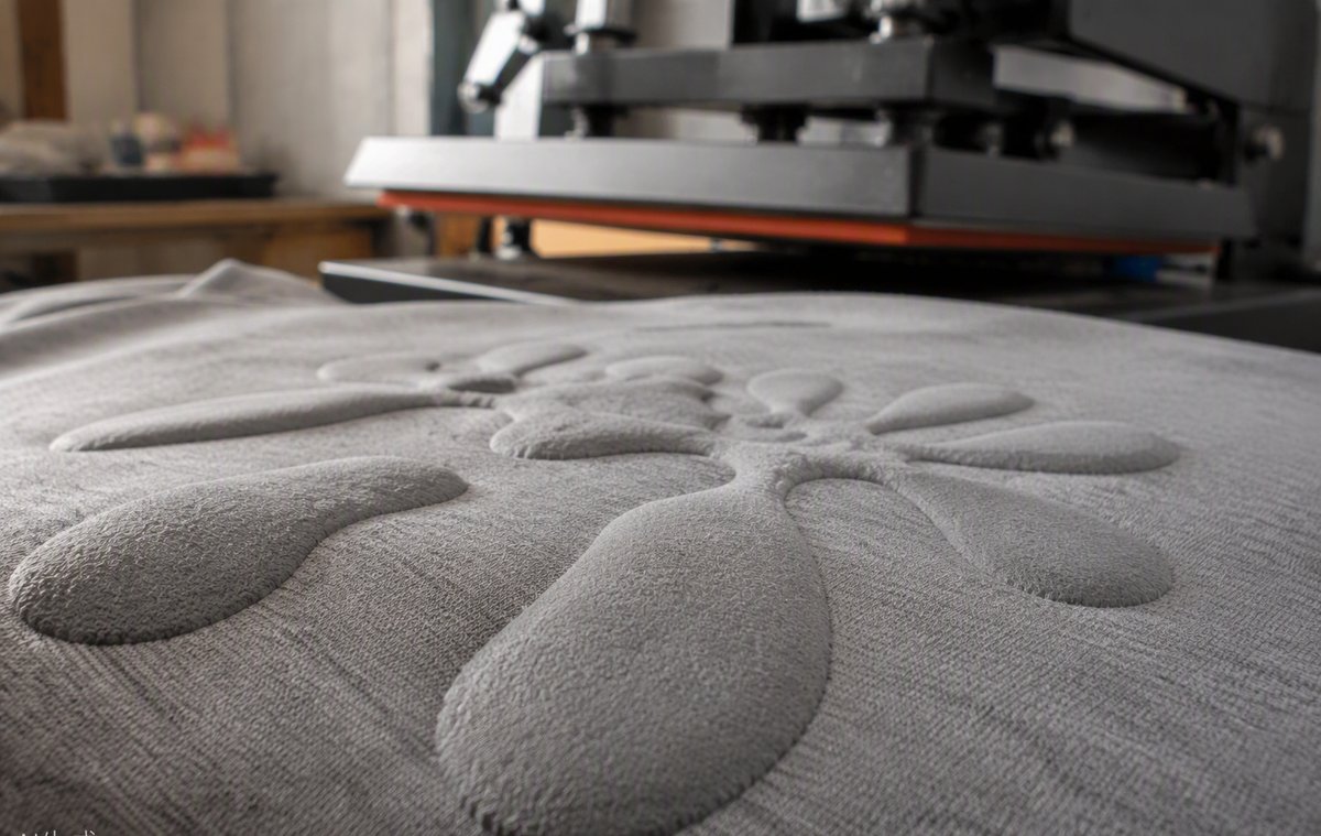 Raised puff print logo on a hoodie being checked for height and edge quality