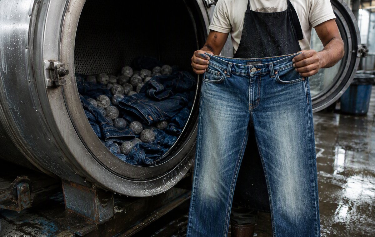 Denim garments being stone washed in an industrial machine