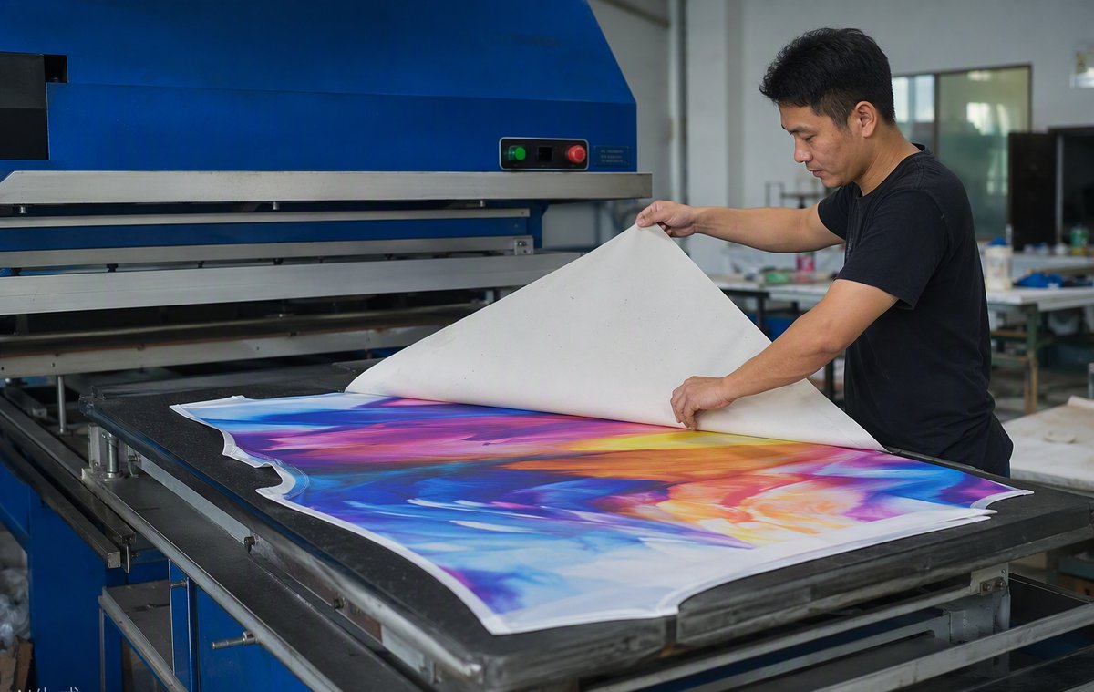 Sublimation heat press transferring an all-over print onto polyester fabric