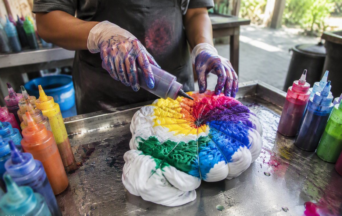 Worker applying dye to a tied spiral pattern t-shirt