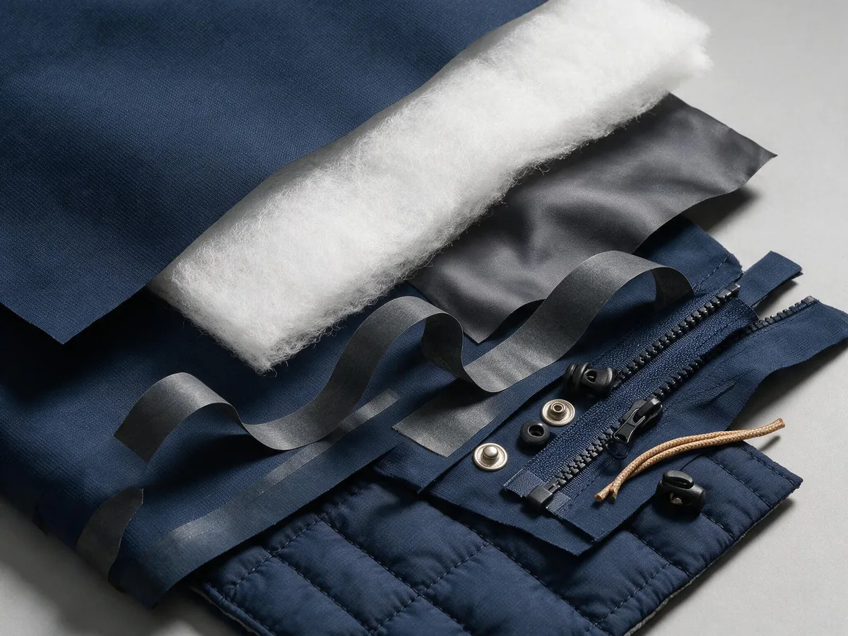 Ensemble de matières pour vêtement d’extérieur : tissu, isolant, doublure, ruban d’étanchéité et composants de fermeture